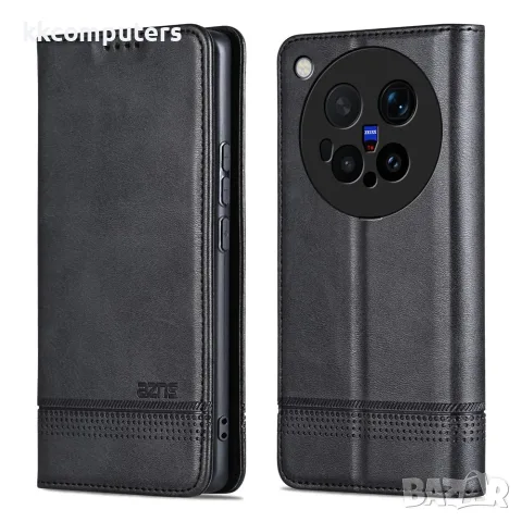 Калъф за vivo X500 Pro Max 5G AZNS от PU Кожа с Поставка, Джобове за Карти и Пари и Скрийн Протектор
