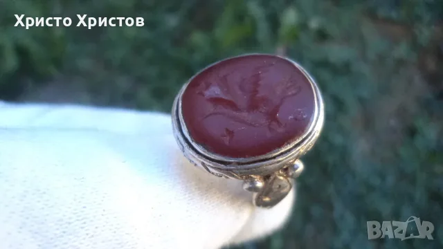 Сребърен старинен гръцки пръстен с гема натурален карнеол, снимка 2 - Пръстени - 56035033