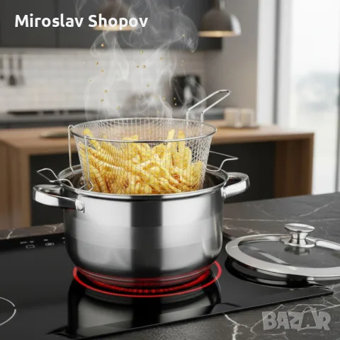 Тенджера с кошница за пържене и стъклен капак Cheffinger Ø24 см – инокс, 6,5 л, за всички котлони