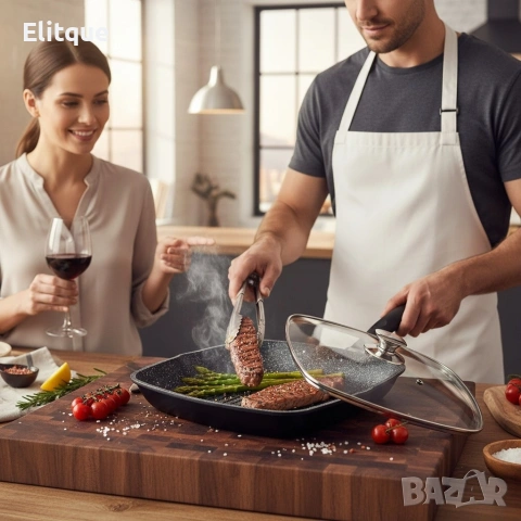 Грил тиган 28см с капак и мраморно покритие Cheffinger – за индукция, с противоплъзгаща дръжка, снимка 4 - Съдове за готвене - 53165762