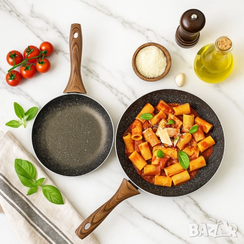 Комплект тигани 9Tnine-4419, 22/26см, Мраморно покритие, Кован алуминий, снимка 5 - Други стоки за дома - 51926195