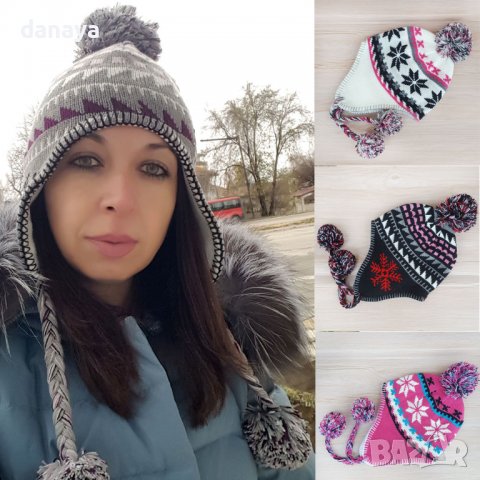3275 Дамска зимна плетена шапка Снежинки