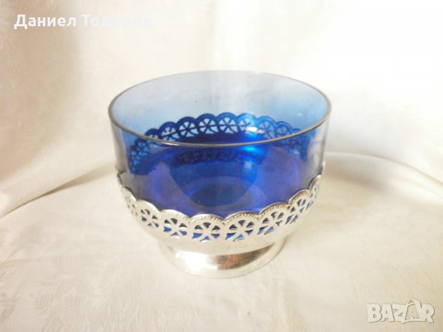  Стара Руска Посребрена Фруктиера, с Кобалтово Синьо Стъкло, снимка 6 - Антикварни и старинни предмети - 32013345