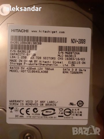  3.5 инча .Hitachi 640GB на 53 дни ползван 