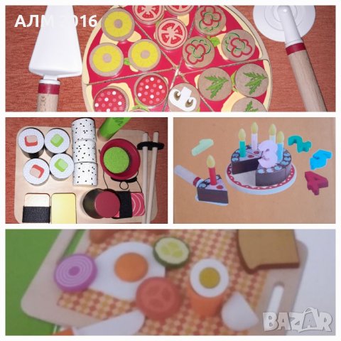 Дървен комплект Пица , Гофретник , Суши ,Торта ,Закуска, дървени играчки за детска кухня