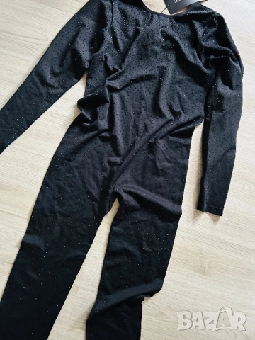 Разпродажба Елегантен черен дамски гащеризон по тялото с дълъг ръкав и крачол Целият с камъчета Нов, снимка 7 - Гащеризони - 52881476