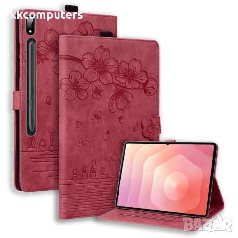 Samsung Galaxy Tab S11 Ultra-Кожен калъф с Протектор, Дизайн Цветя & Котка, Стойка и Държач за писал, снимка 3 - Калъфи, кейсове - 52088632