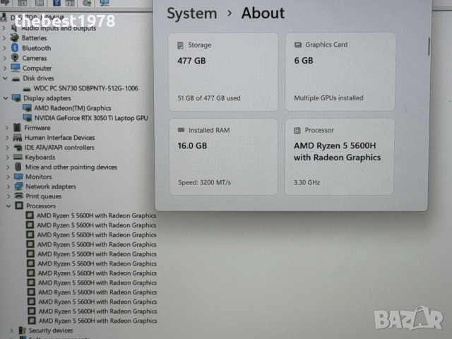 120Hz Legion`Ryzen 5-5600H/RTX 3050Ti/16GB RAM/512GB SSD/Бат 6ч, снимка 7 - Лаптопи за игри - 52682506