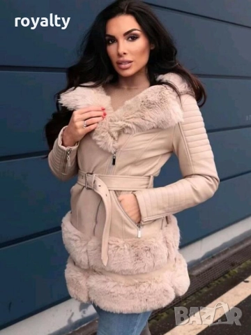 Дамско бежово кожено яке с пух 