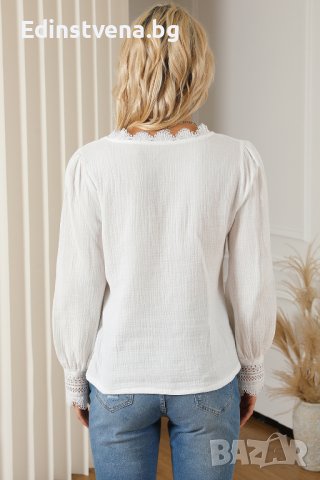 Дамска памучна блуза в бяло с дълъг ръкав, снимка 9 - Блузи с дълъг ръкав и пуловери - 42766961
