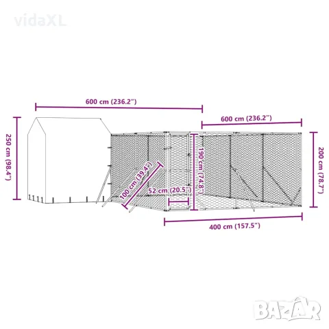vidaXL Външна клетка за куче с покрив сребриста 6x6x2,5 м стомана, снимка 9 - За кучета - 56146863