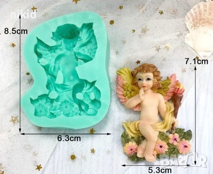 Ангел  на поляна с цветя силиконов молд форма фондан гипс декор
