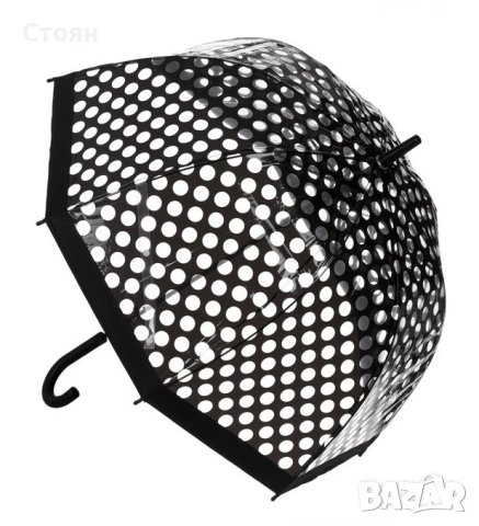 Чадър тип бастун автоматичен черен на прозрачни точки 80 см, снимка 3 - Други - 42877499