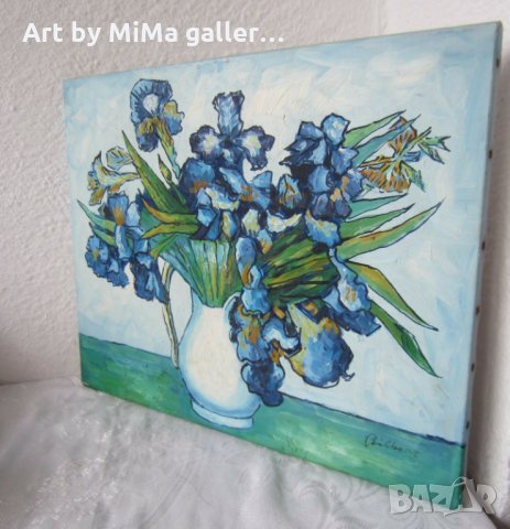 Ириси 40х50 см, Сини цветя, картина, irises oil on canvas painting, снимка 3 - Картини - 31781028
