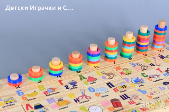 Голям дървен пъзел "Азбука" с много елементи, плюс сметало