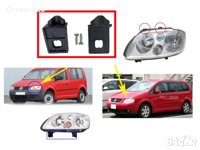 Комплект щипки за захващане на фар VW Caddy 2K Pre-Face, снимка 2 - Части - 50650851