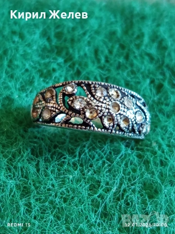 Ретро сребърен пръстен с инкрустирани кристали МАРКАЗИТ флорален мотив майстоска изработка 52665, снимка 2 - Пръстени - 53069581