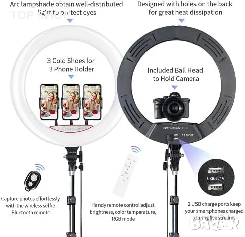 Нов професионална 18 инча LED Ринг Светлина Лампа + Стойка - Идеална за Стрийминг, снимка 2 - Чанти, стативи, аксесоари - 49249569