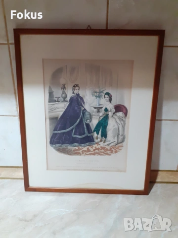 Стара цветна френска антикварна гравюра в рамка подписана