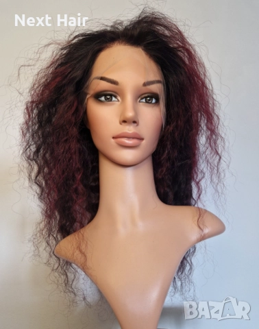 Естествена афро перука къдрава черна с тъмно червени бородо кичури с дантела 13х4, снимка 8 - Аксесоари за коса - 52019116
