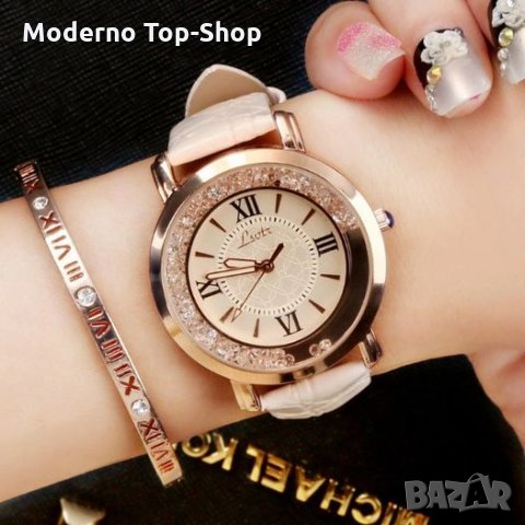 Красив дамски кварцов часовник с кристали-кожена верижка.