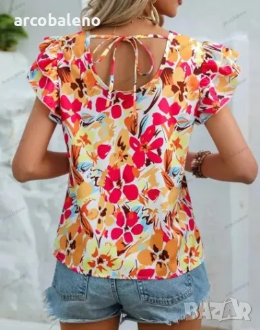 Дамска лятна модна двуслойна риза с къс ръкав с флорален принт, 4цвята , снимка 11 - Ризи - 40394598