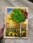 Картина с мъх “Дърво със слънчогледи по залез”, снимка 1 - Картини - 39680326