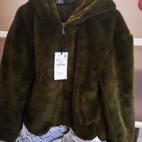 Зелено пухeно палто яке Зара, снимка 1 - Якета - 30293047