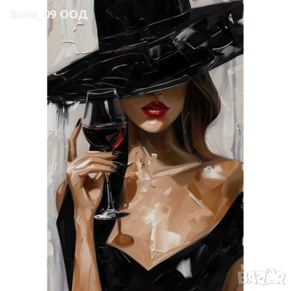 120см! СТЪКЛЕНА картина "Жена с чаша вино", снимка 1