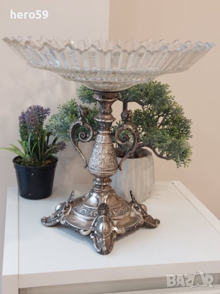 Стара фруктиера(сребро 800 кристал 19 век)Large Fruit Bowl Crystal Cut, снимка 1