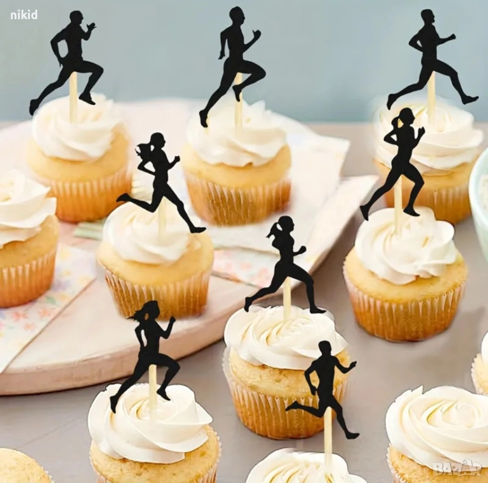 16 бр Бягане Ориентиране Атлетика картонени брокатени топери декор за торта мъфини кексчета украса, снимка 1