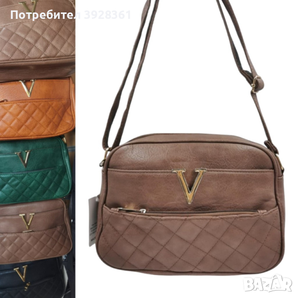 Стилна и практична дамска чанта от еко к. с метален елемент V, снимка 1