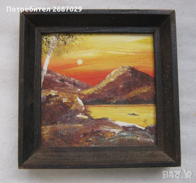 Пейзаж езеро планина бреза, картина с дървена рамка, снимка 1