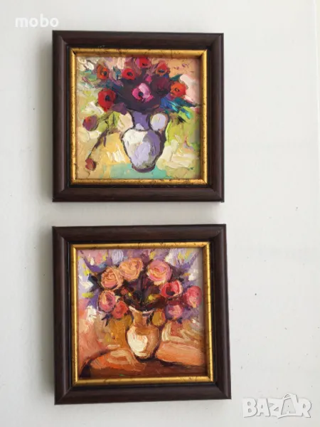 Два броя малки картина „Цветя във ваза“ , пастели, снимка 1
