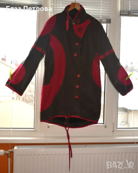 Дамско есенно-зимно джинсово манто в тъмнокафяво и цикламено; 4XL÷5XL, снимка 1