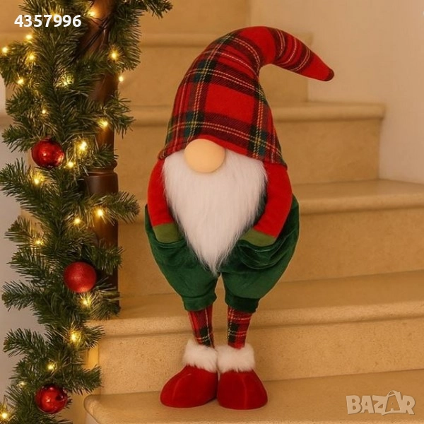 Коледна фигура Дядо Коледа - гномч със зелен кадифен гащеризон, 70см, снимка 1