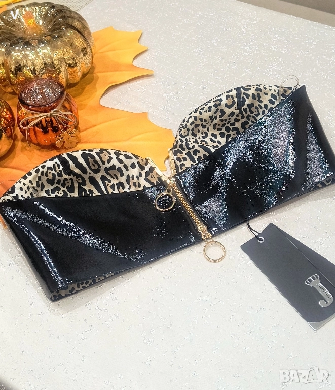 Нови дрехи Junona Юнона секси лъскаво черно бюстие кроп топ зимно дълго яке с пух палто панталон , снимка 1