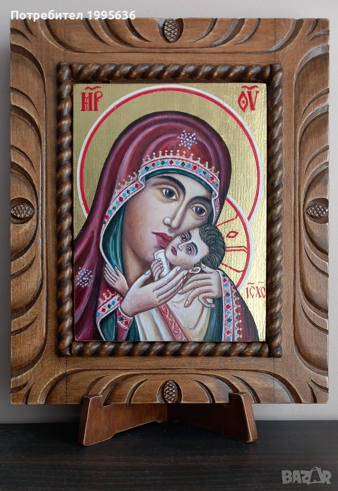 Дърворезбована рамка с иконопис Св.Богородица " Касперовска ", снимка 1