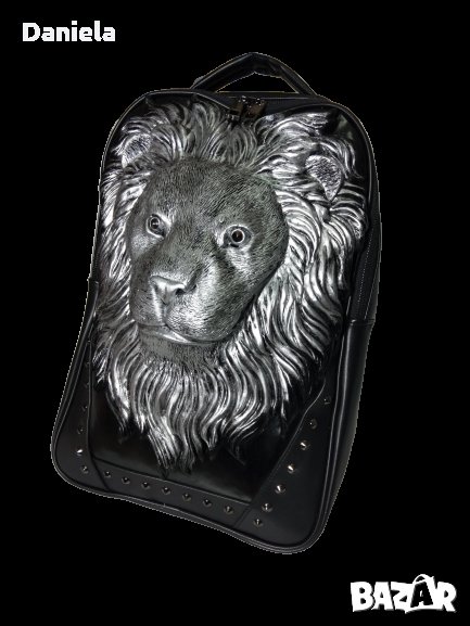 НОВА Черна раница, чанта, 3D сребърен лъв, регулиращи се презрамки , снимка 1