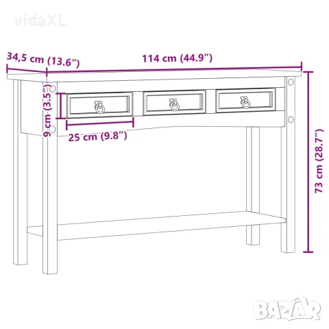 vidaXL Конзолна маса "Corona" 114x34,5x73 см Масивна дървесина, бор, снимка 9 - Маси - 56147389