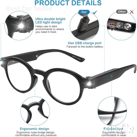 Очила за четене със светеща ярка LED светлина 3.5 диоптъра