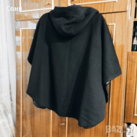 Дамско палто в черно тип пелерина с качулка, снимка 7 - Палта, манта - 52592416