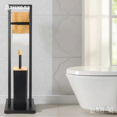 Стойка 2в1 Cheffinger за баня с тоалетна четка и държач за тоалетна хартия – метал и дърво, снимка 4 - Други стоки за дома - 53166511