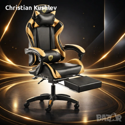 Черен геймърски стол с златисти акценти и разтегляема поставка за крака – луксозен комфорт без компр, снимка 5 - Столове - 53275454