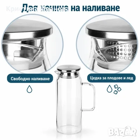 Стъклена кана 1,5 л от боросиликатно стъкло с капак, цедка и уплътнение