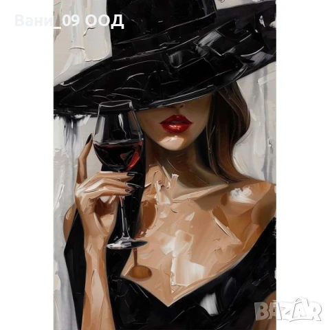 120см! СТЪКЛЕНА картина "Жена с чаша вино"