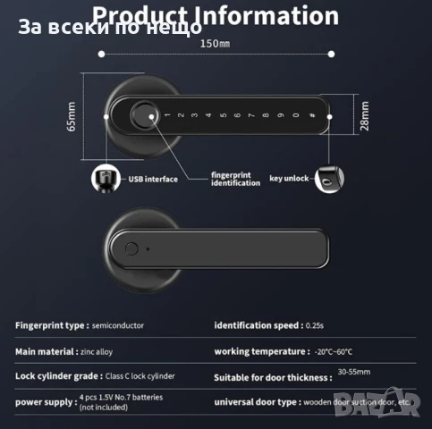 Секретна смарт брава Tuya, универсална, WiFi, 4xAAA захранване, Пръстов отпечатък, Парола, Ключ, снимка 4 - Ключове - 51115210