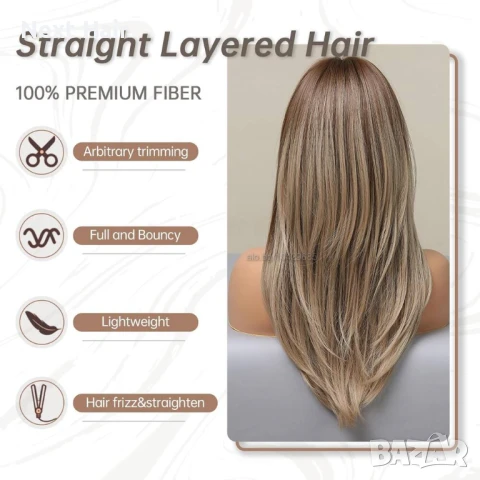 Тъмно руса перука с фини светли кичури и дълъг бретон, снимка 2 - Аксесоари за коса - 51086955