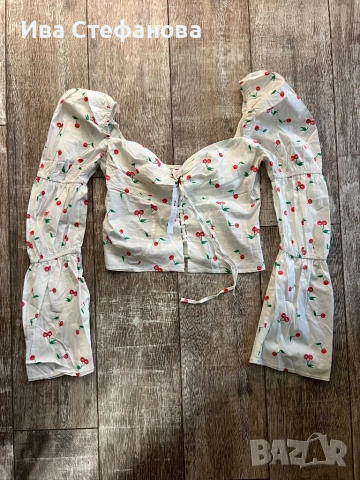 Уникален кукленски топ буфан ръкав бюстие памук ,памучно елегантно бяло с черешки череши, снимка 2 - Рокли - 41318024