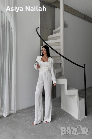 Дамски бял костюм от 3 части – сако, топ и широк панталон, снимка 3 - Костюми - 52792810